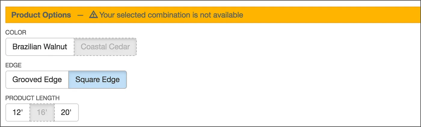 Warning when a combination is not available