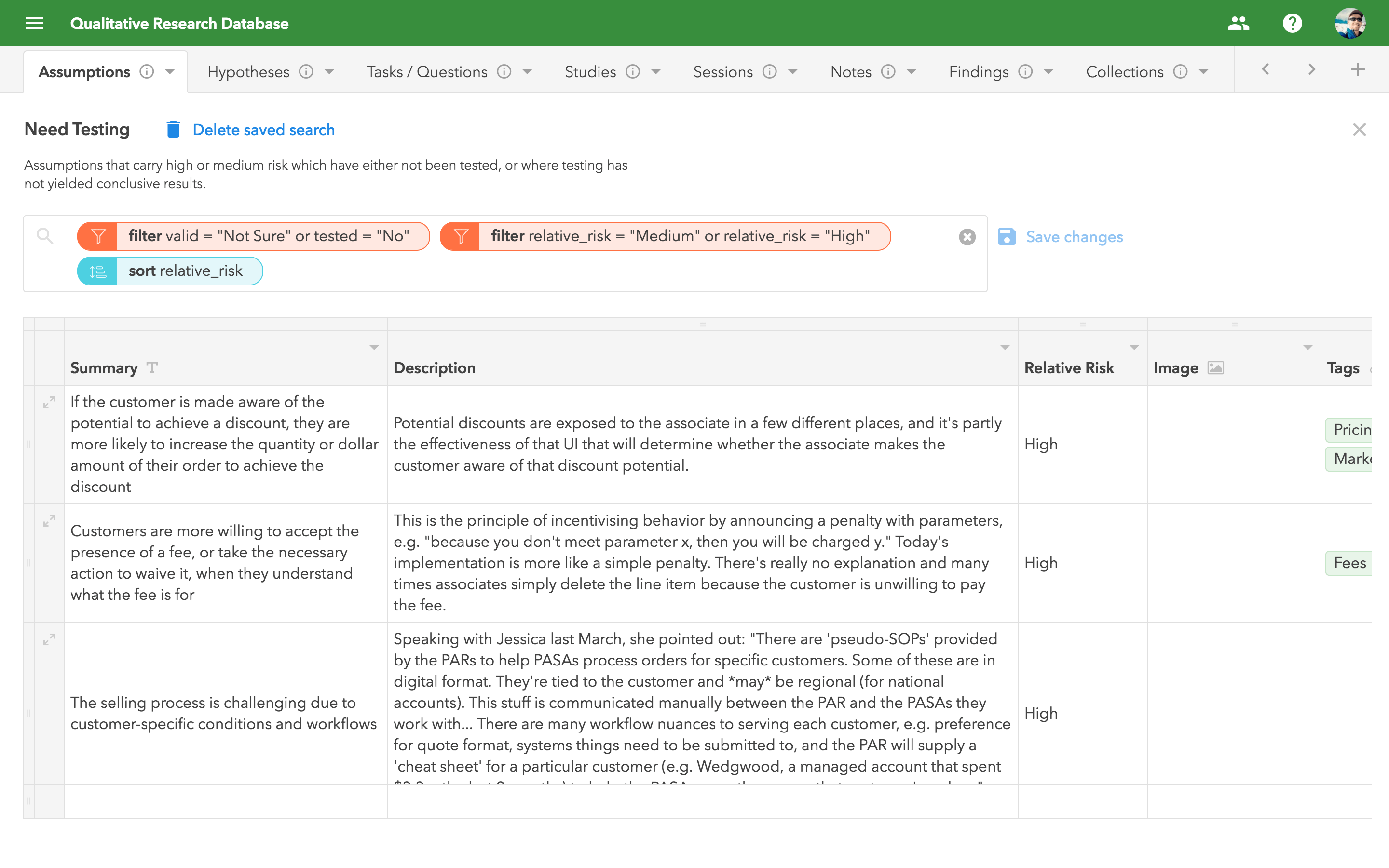 A filtered view of assumptions in my custom research repository