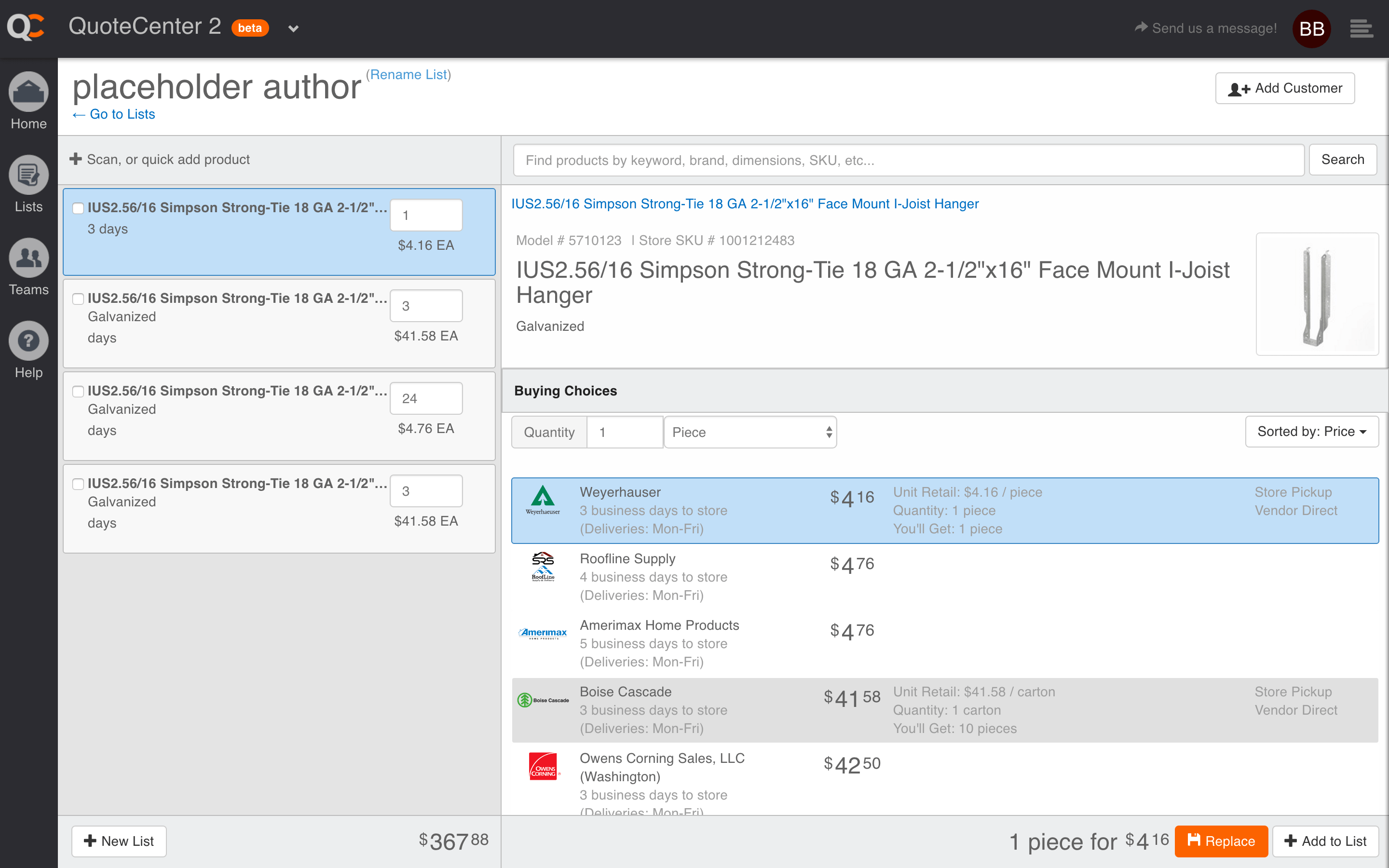 An updated version of the interface showing a unit of measure selector next to the quantity input field and a clean view of vendor offerings with improved visual emphasis on unit price, along with a more descriptive summary bar at the bottom