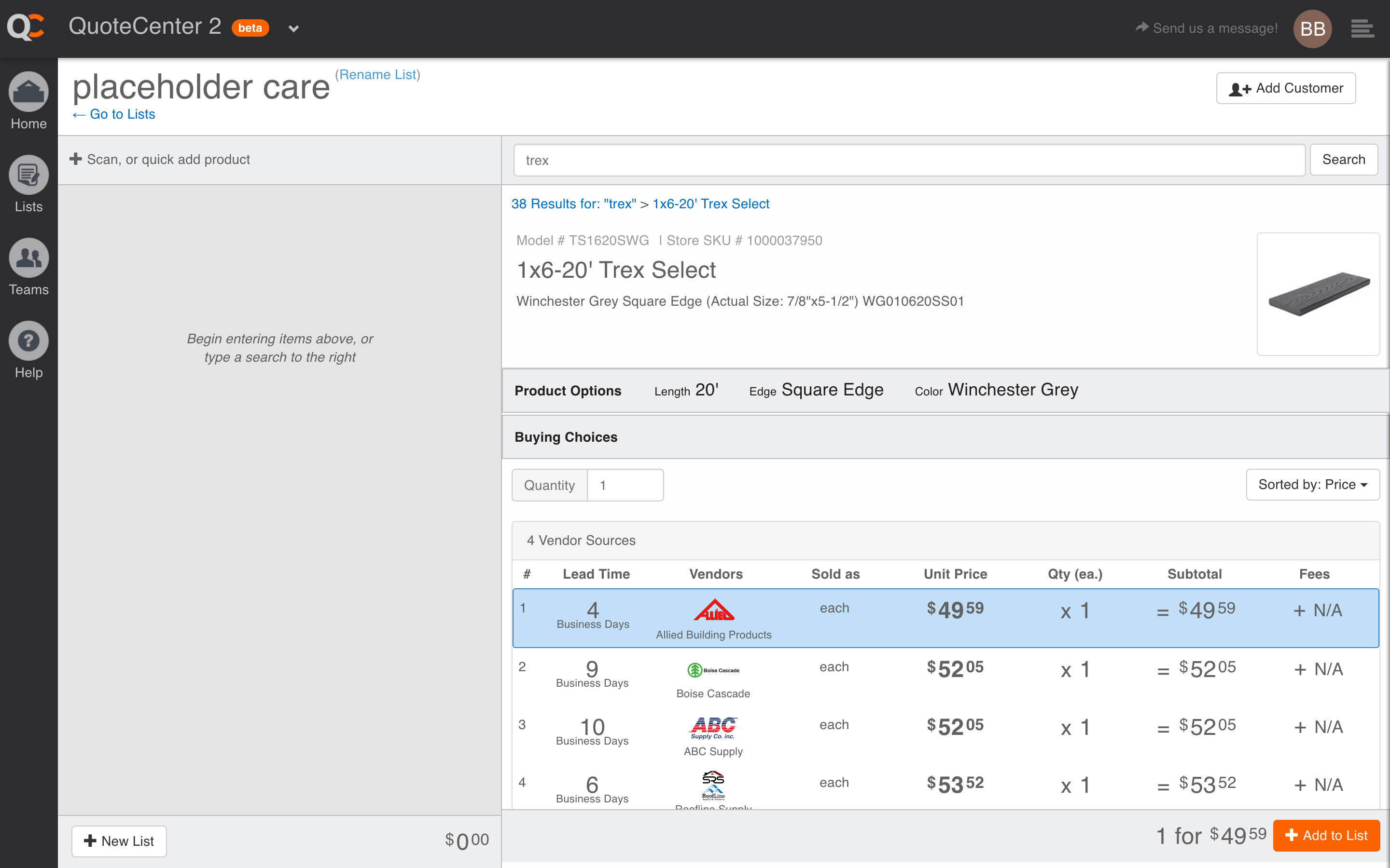 The original interface showing generic quantity input field and an information-dense list of vendor offerings